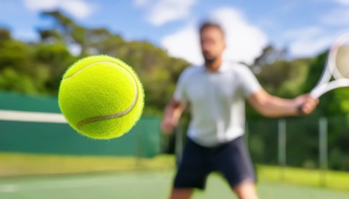 AI generated image showing a flying tennis ball closeup and player in court ambiance