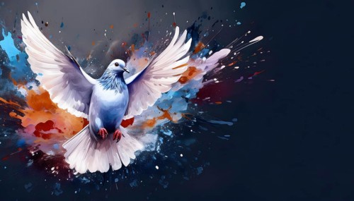 Animal, birds and wildlife theme showing a flying dove in multicolored vibrant splashy ambiance. AI