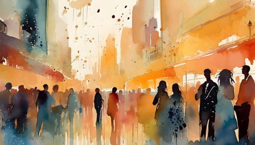 AI generated image showing a bright illuminated downtown party, watercolor style with splashes and