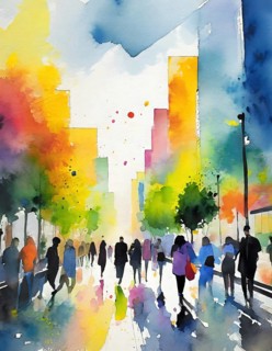 AI generated lifestyle theme showing an urban street scenery with lots of people in multicolored