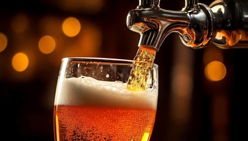 AI generated closeup image showing a beer tap while pouring beer in a glass