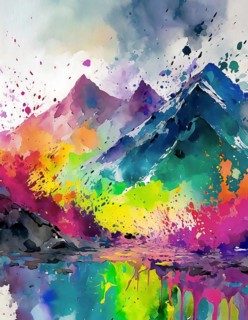 Nature and traveling theme showing a mountain range in multicolored vibrant splashy ambiance. AI
