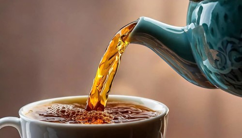 AI-generated close-up image showing a teapot from which tea is poured into a cup, AI generated