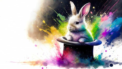 Magic theme showing a bunny in a top hat in multicolored vibrant splashy ambiance. AI generated