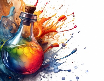 Medical, strength and power theme showing flask with elixir a in multicolored vibrant splashy