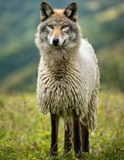 Wolf looking like a sheep, based on the proverb Wolf in sheep's clothing, it warns against