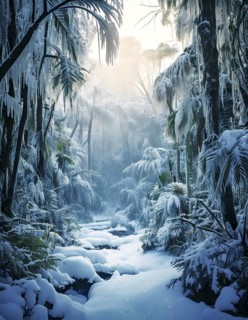 AI generated image showing a surreal snowbound tropical jungle scenery in foggy ambiance