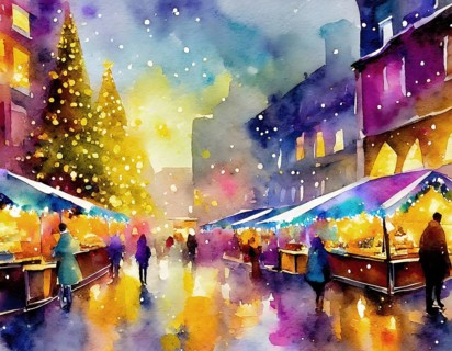 AI generated image showing a bright colorful illuminated christmas market in a city, watercolor