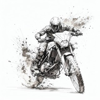 AI generated sketch of a motorcyclist in racing ambiance, with splashes, splatter and spots