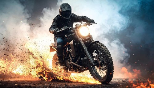 Ai generated image showing a driving motorcyclist surrounded by fire and smoke