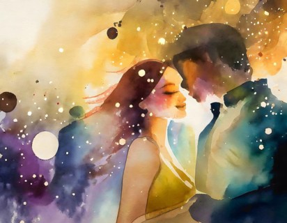 AI generated image showing a intimate couple, watercolor style with splashes and spots