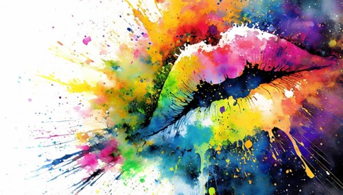 Sensual theme showing a human mouth in multicolored vibrant splashy ambiance. AI generated image