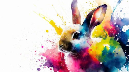 Pet and animal theme showing a rabbit in multicolored vibrant splashy ambiance. AI generated image