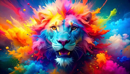 Lion portrait in flashy colorful ambiance. AI illustration with light effects and liquid splashes,