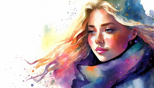 AI generated image showing the portrait of a young woman in colorful ambiance, watercolor style