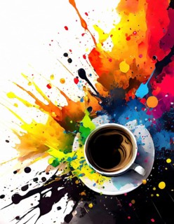 Consumption theme showing a cup of coffee in multicolored vibrant splashy ambiance. AI generated