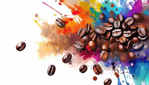 Consumption theme showing coffee beans in multicolored vibrant splashy ambiance. AI generated image