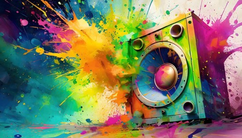 Music and sound theme showing a loudspeaker in multicolored vibrant splashy ambiance. AI generated