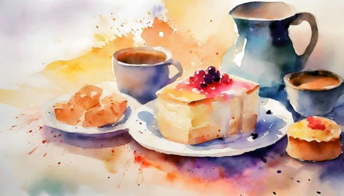 AI generated image showing coffee and some cakes, watercolor style with splashes and spots
