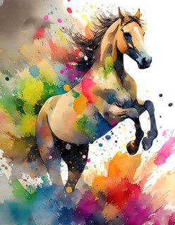 Animal and riding theme showing a horse in multicolored vibrant splashy ambiance. AI generated