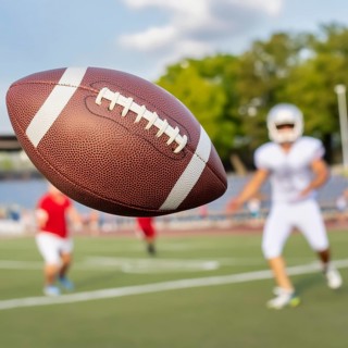 AI generated image showing a rugby scenery with ball closeup on a playing field with players