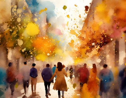 AI generated lifestyle theme showing a street scenery with lots of people at autumn time in