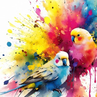 Animal, pet and wildlife theme showing some parakeets in multicolored vibrant splashy ambiance. AI