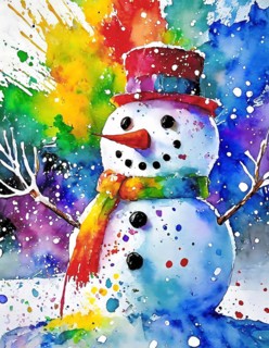 Seasonal and winter theme showing a snowman in multicolored vibrant splashy ambiance. AI generated