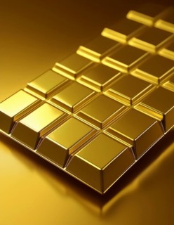 AI generated image showing a golden chocolate bar in shiny ambiance