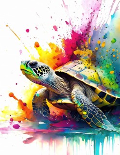 Animal and wildlife theme showing a sea turtle in multicolored vibrant splashy ambiance. AI