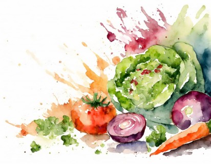 AI generated image showing some raw fruit and vegetables in light back, watercolor style with