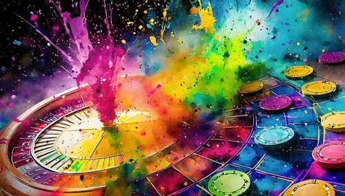 Gambling theme showing a roulette wheel and jetons in multicolored vibrant splashy ambiance. AI