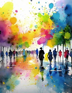 AI generated urban theme showing a wet street scenery with lots of people in multicolored vibrant