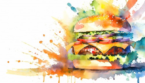 AI generated image showing a big fast food burger, watercolor style with splashes and spots