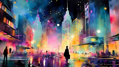 AI generated image showing the colorful illuminated impression of a big city at night, watercolor