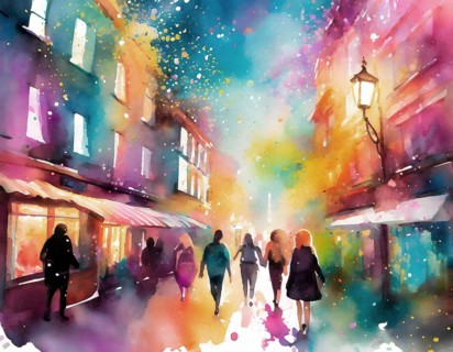 AI generated image showing a vivid illuminated city scenery, watercolor style with splashes and