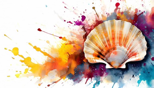 Symbolic theme showing a great scallop shell in multicolored vibrant splashy ambiance. AI generated