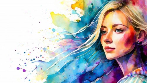 AI generated image showing the portrait of a young woman in colorful ambiance, watercolor style