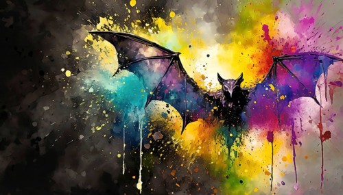 Animal and Halloween theme showing a flying bat in multicolored vibrant splashy ambiance. AI