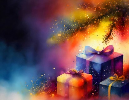 AI generated image showing some christmas presents under a christmas tree, watercolor style with