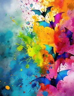 Animal and Halloween theme showing flying bats in multicolored vibrant splashy ambiance. AI