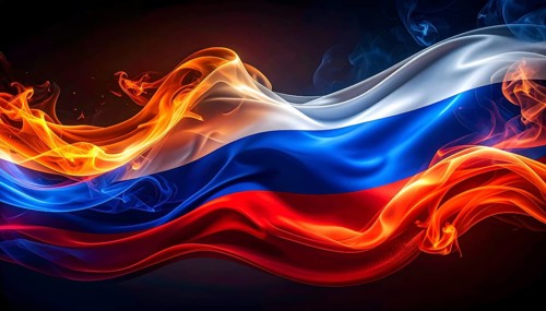 AI generated Image showing a flaming russian flag in dark ambiance