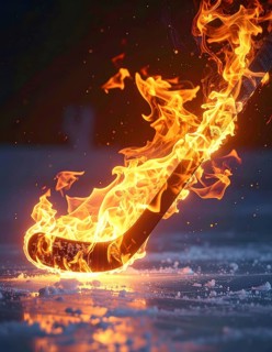 AI generated image showing a flaming ice hockey stick in dark ambiance