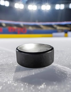 AI generated image showing a puck on ice surface in a stadium