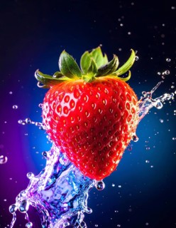 Strawberry fruit in wet ambiance. AI illustration with liquid splashes in dark blue back, AI