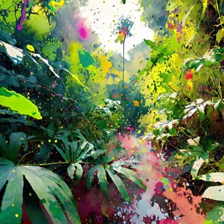 Natural conservation and tropical theme showing a dense jungle vegetation in multicolored vibrant