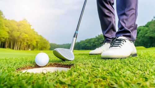 AI generated image showing a golf ball and golf club closeup near hole on a course in sunny