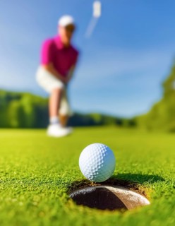 AI generated image showing a golf ball closeup near hole on a golf course with player