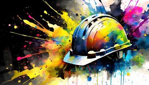 Construction theme showing a yellow hard hat in multicolored vibrant splashy ambiance. AI generated
