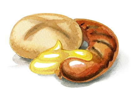 Watercolor illustration showing a sausage with mustard and roll